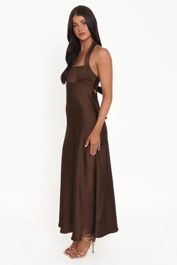 Chocolate Halter-Neck Back-Bow Satin Floor-Length Evening Dress