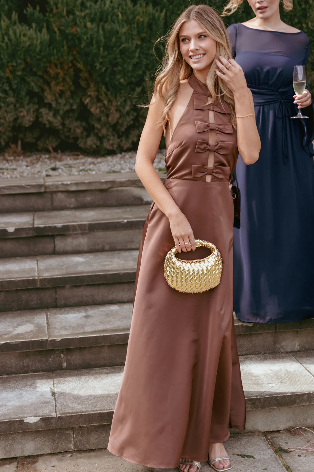 Chocolate Halter-Neck Bow-Detail Cutout Floor-Length Evening Dress