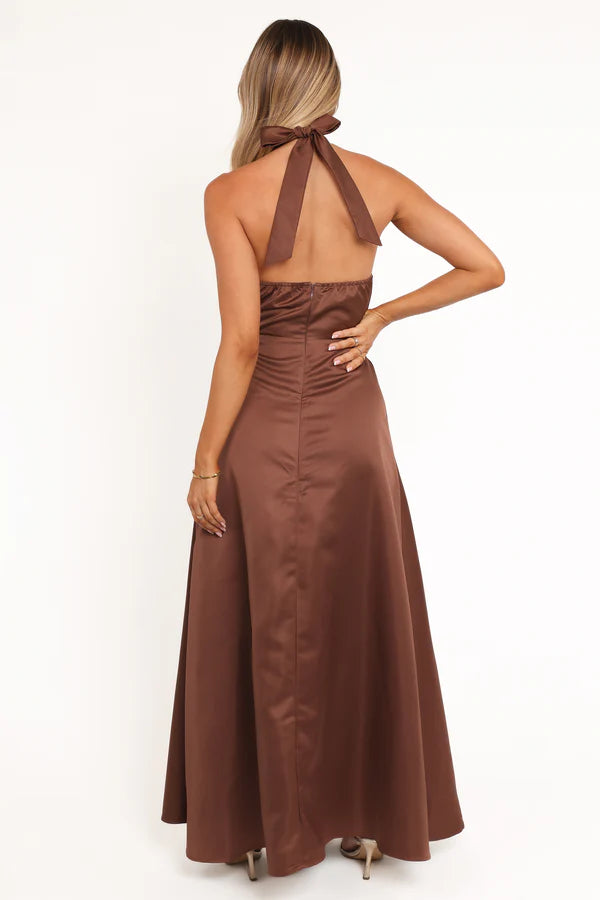 Chocolate Halter-Neck Bow-Detail Cutout Floor-Length Evening Dress