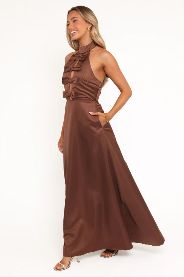 Chocolate Halter-Neck Bow-Detail Cutout Floor-Length Evening Dress