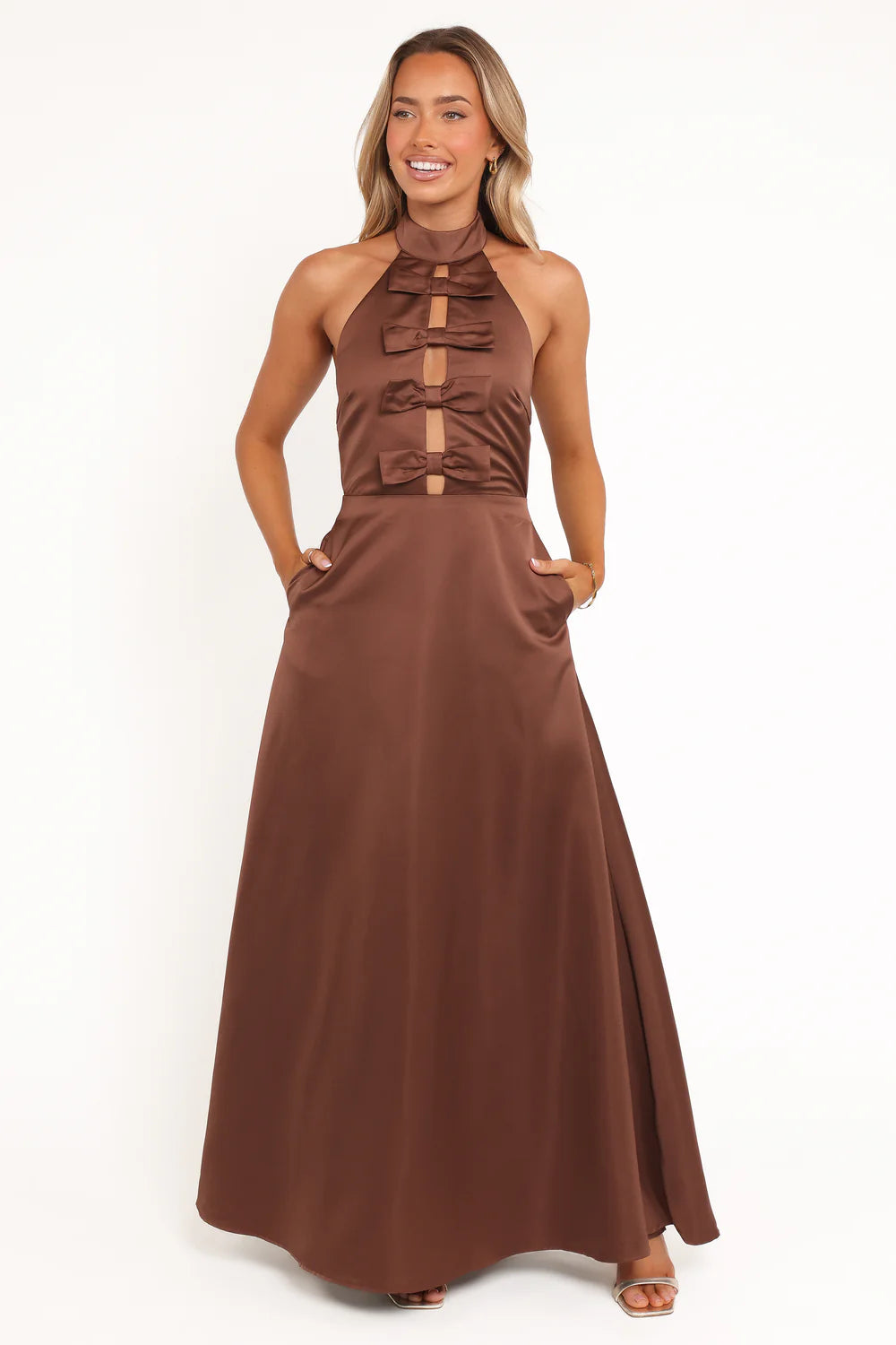 Chocolate Halter-Neck Bow-Detail Cutout Floor-Length Evening Dress