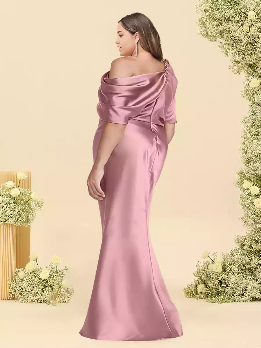 Classic Horn/Mermaid Single Shoulder Half Sleeve Large Fold Satin Bridesmaid Dresses