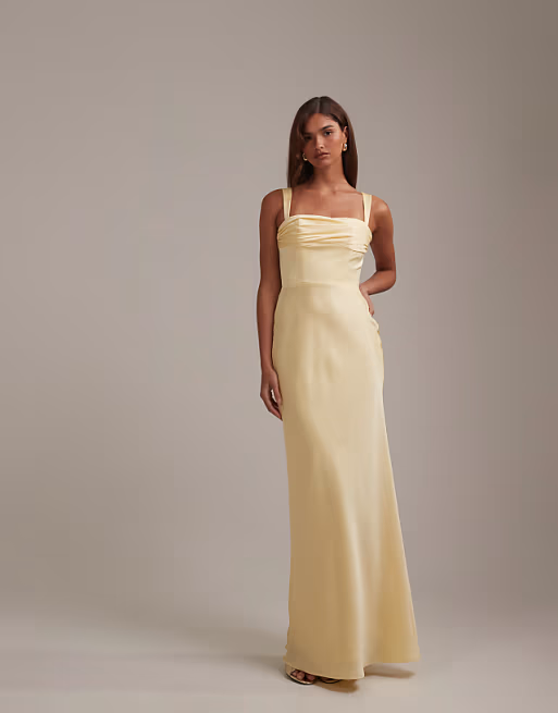Classic Square-Neck Ruched-Bust Floor-Length Satin Bridesmaid Dress