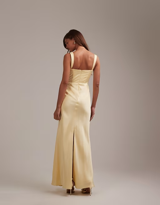 Classic Square-Neck Ruched-Bust Floor-Length Satin Bridesmaid Dress