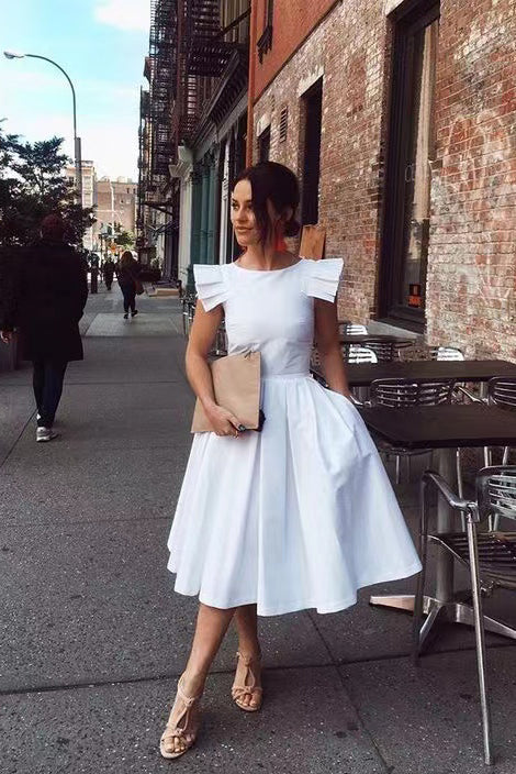Classic Crisp White Cotton A-line Round Neck Ruffle Cap Sleeve Zipper Back Midi Casual Summer Dresses