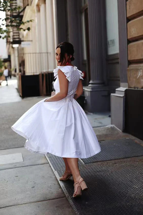 Classic Crisp White Cotton A-line Round Neck Ruffle Cap Sleeve Zipper Back Midi Casual Summer Dresses