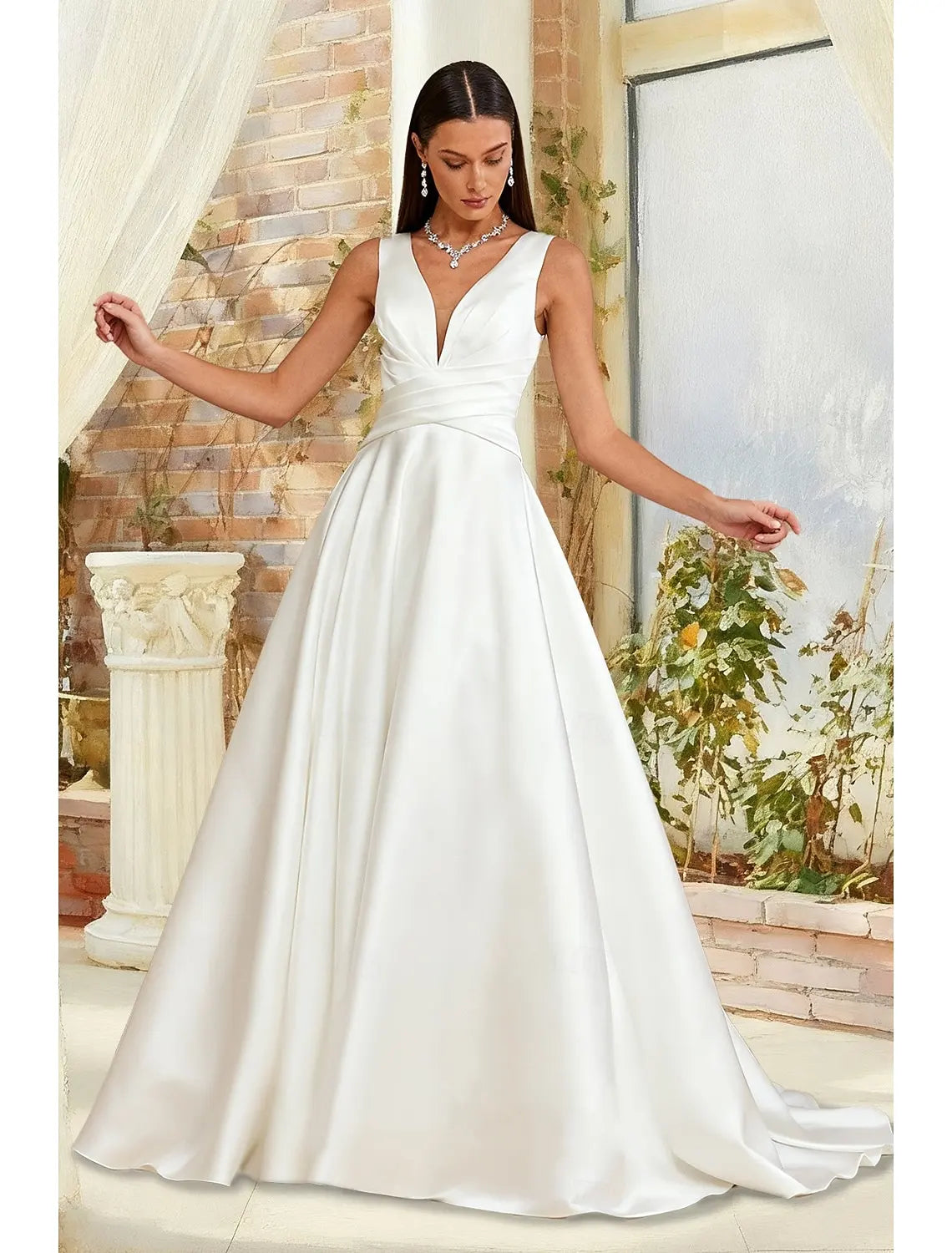 Classic Simple Satin A-Line Plunging V-Neck Sleeveless Button-Back Floor-Length Wedding Dresses