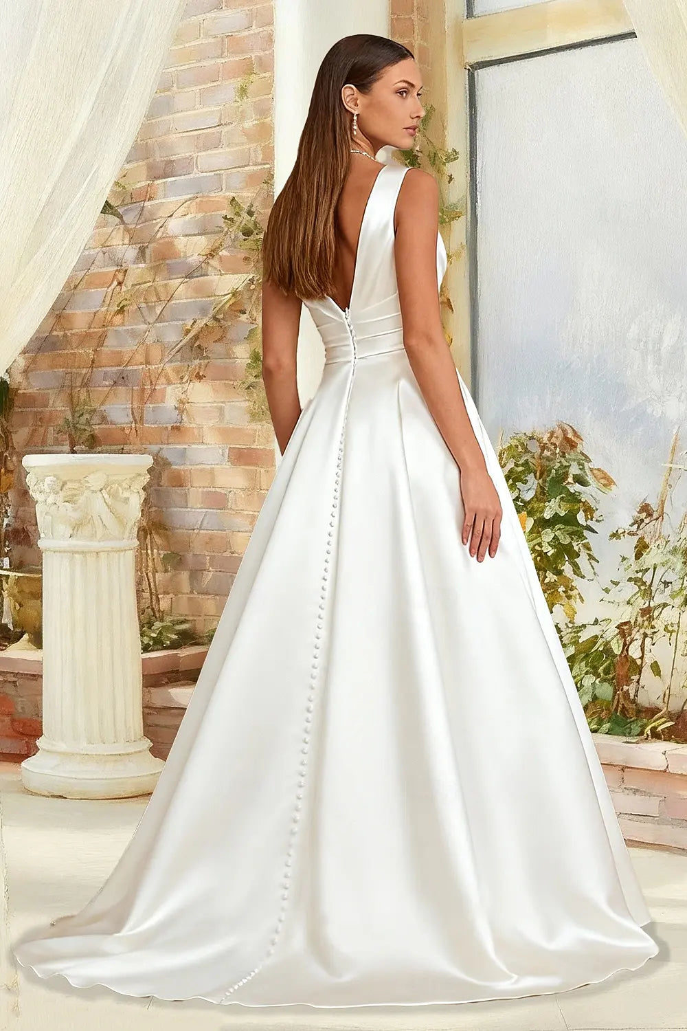 Classic Simple Satin A-Line Plunging V-Neck Sleeveless Button-Back Floor-Length Wedding Dresses
