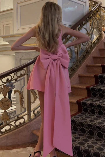 Classy Pink Straps A-Line Satin Big Bow Short Party Homecoming Dress