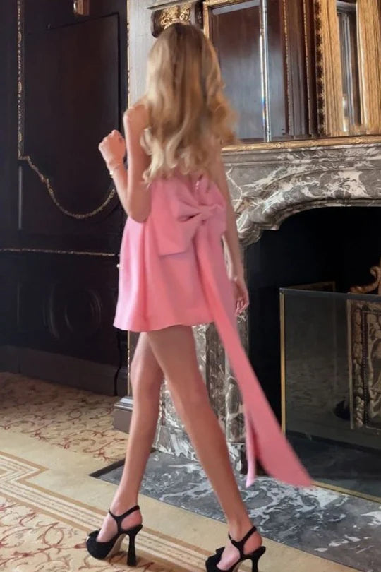 Classy Pink Straps A-Line Satin Big Bow Short Party Homecoming Dress