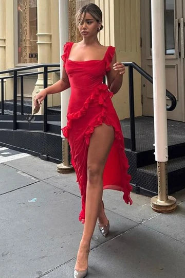 Classy Straps Ruffles High Slit Sleeveless Chiffon Formal Prom Dress