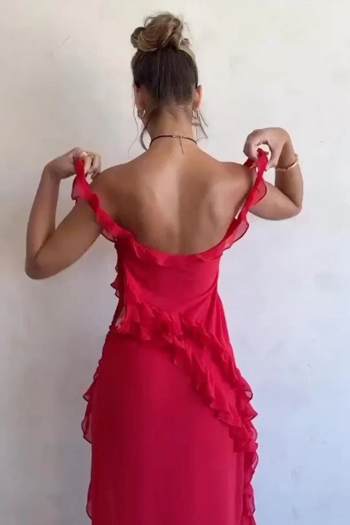 Classy Straps Ruffles High Slit Sleeveless Chiffon Formal Prom Dress