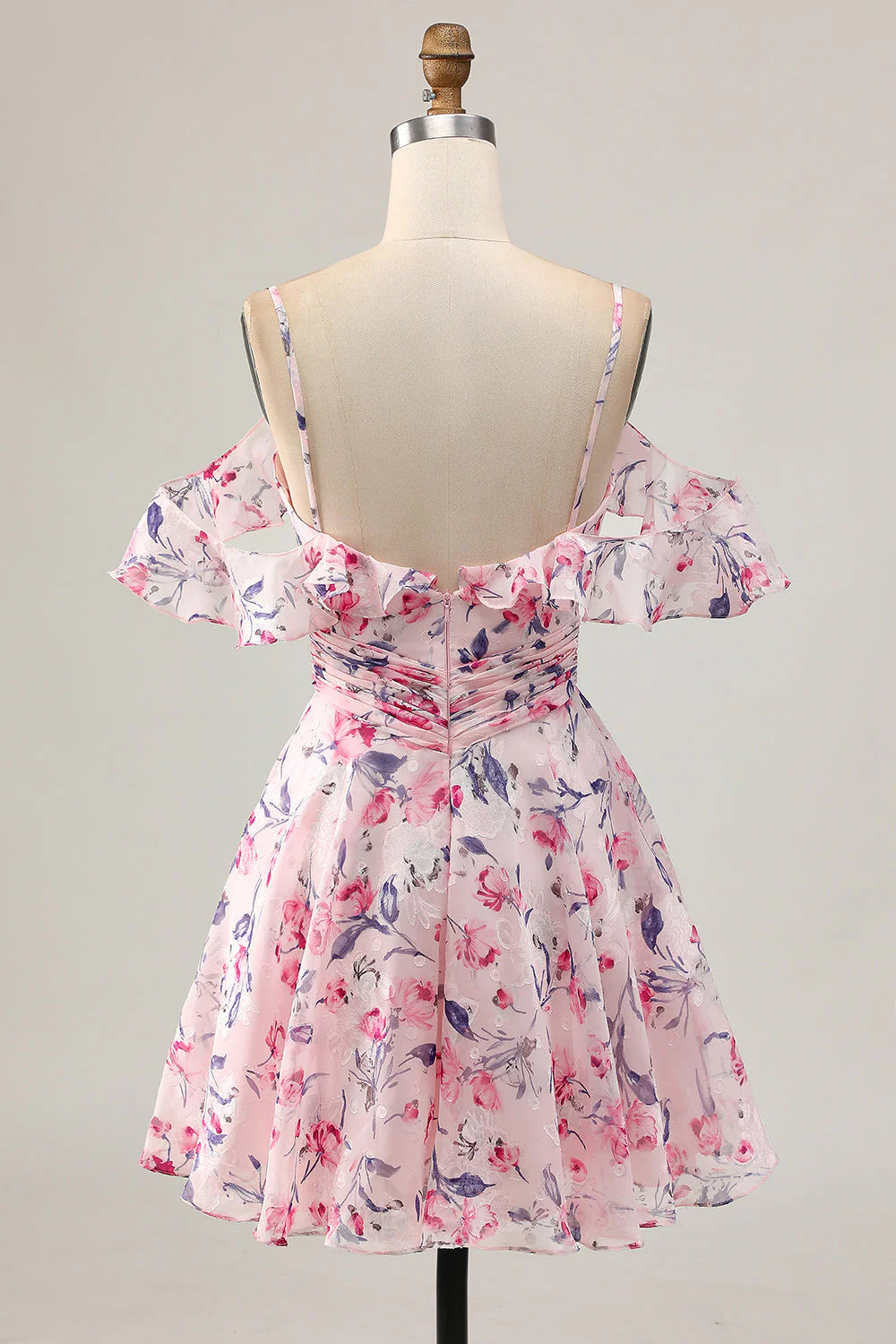 Cold Shoulder A Line Pink Floral Short Homecoming Dress