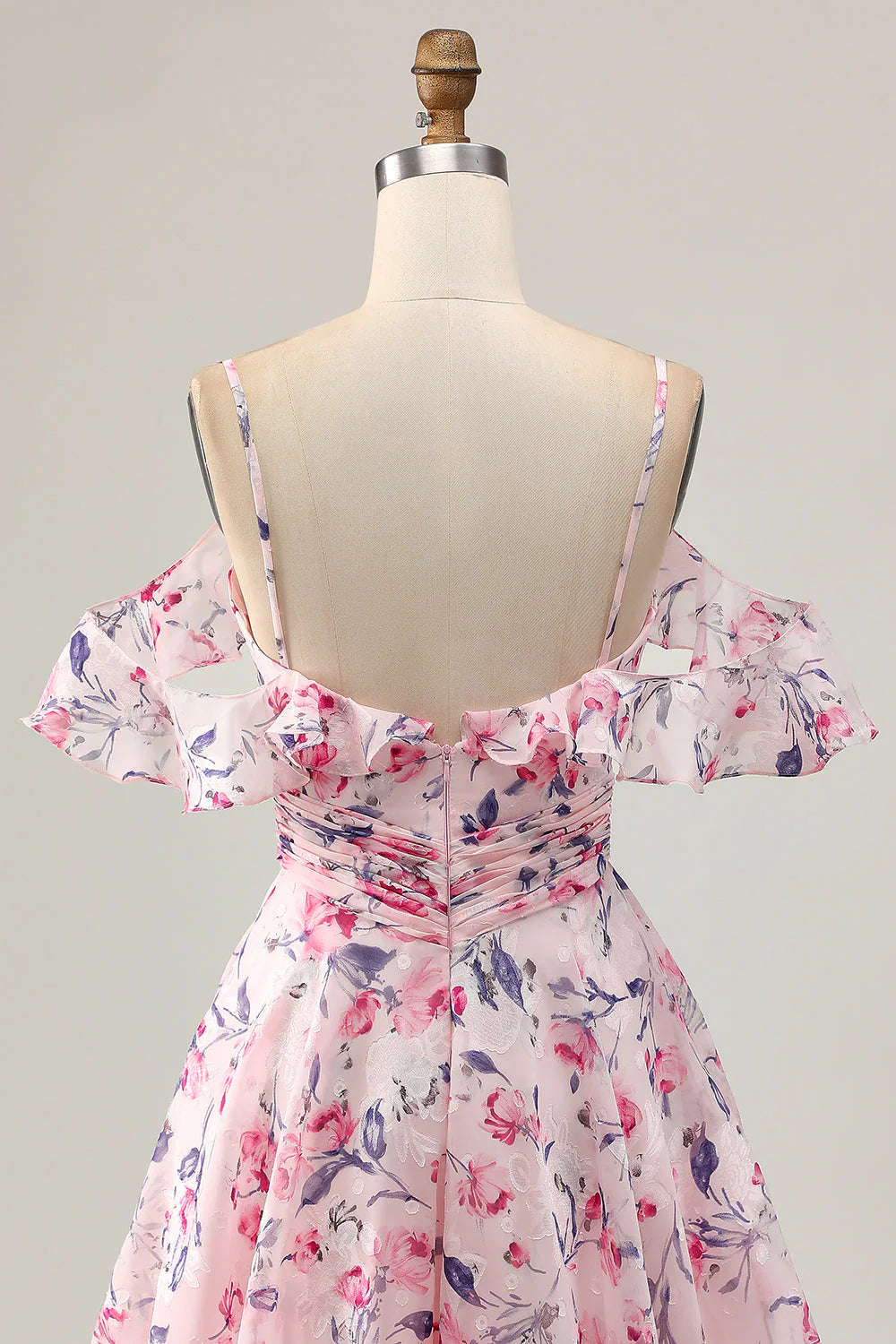 Cold Shoulder A Line Pink Floral Short Homecoming Dress
