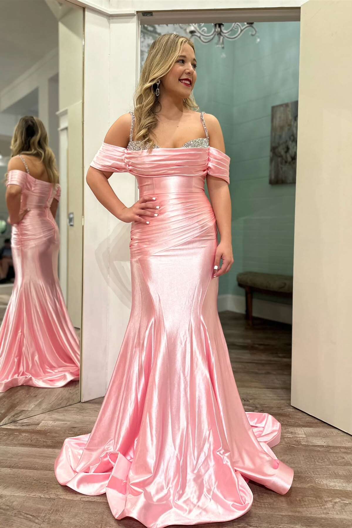 Cold Shoulder Pink Mermaid Long Full Of Charm Prom Dresses