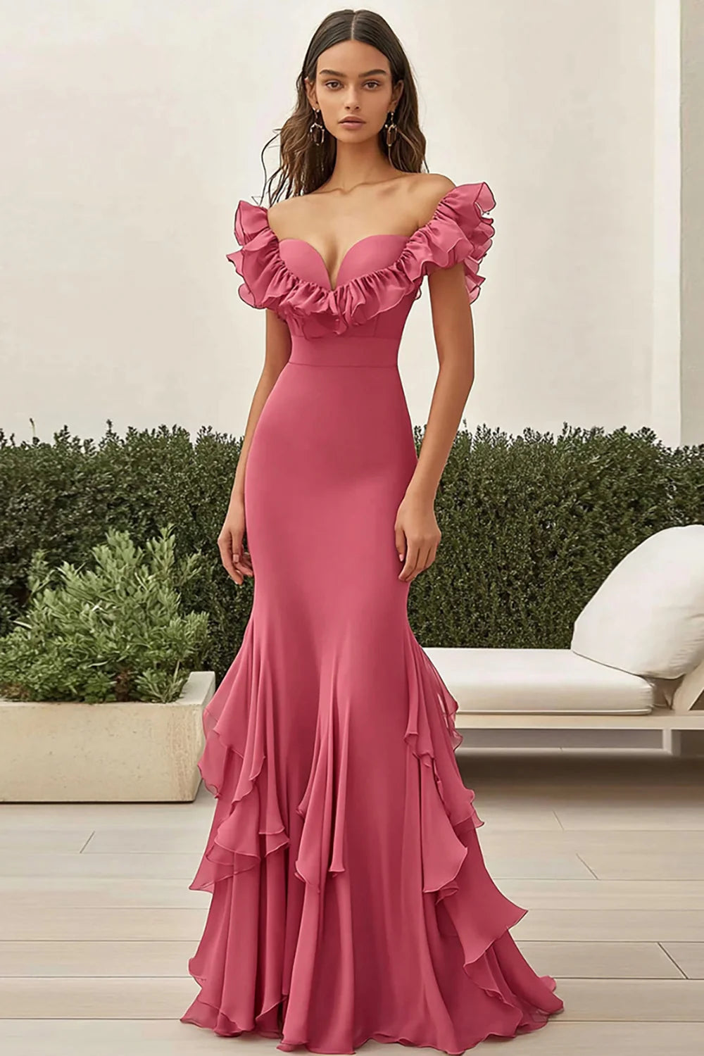 Coral Mermaid Sweetheart Long Prom Dress with Ruffles