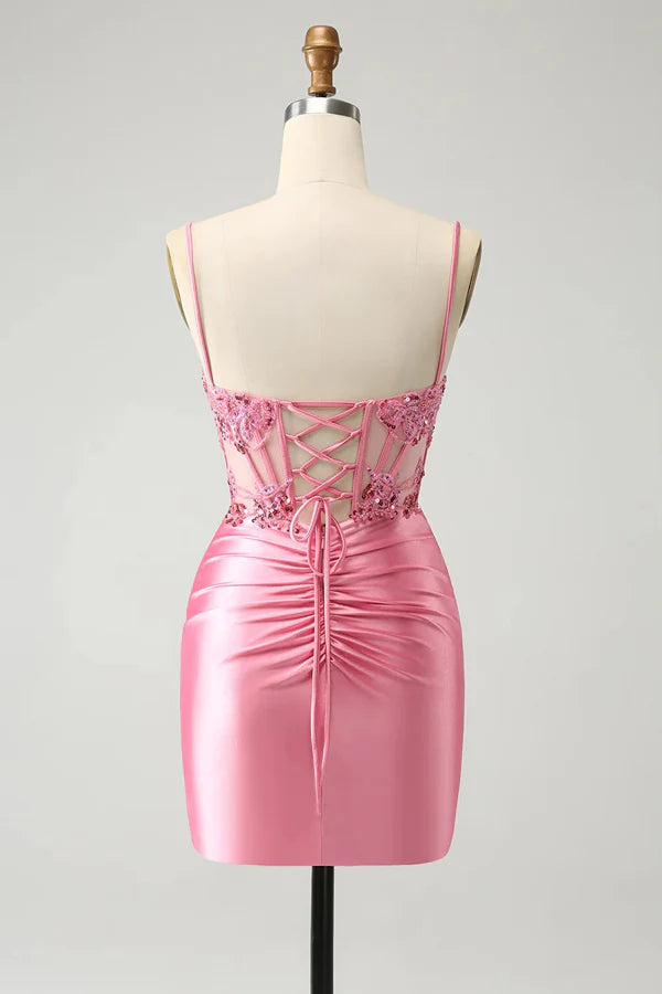 Corset Pink Tight Short Homecoming Dress Mini Dress with Beadings