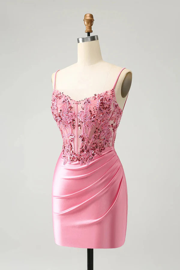 Corset Pink Tight Short Homecoming Dress Mini Dress with Beadings