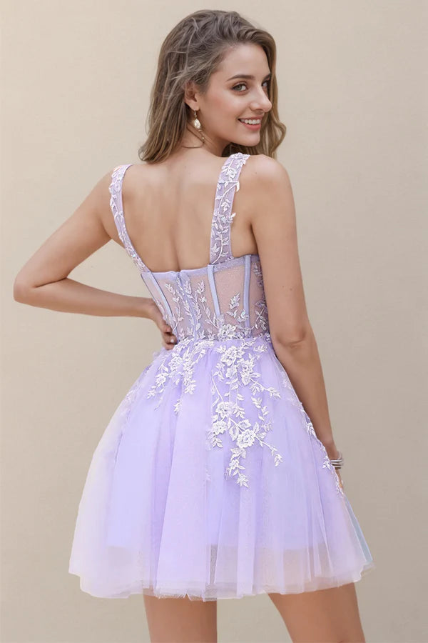 Corset Straps A-Line Lilac Homecoming Dress Short Prom Dress