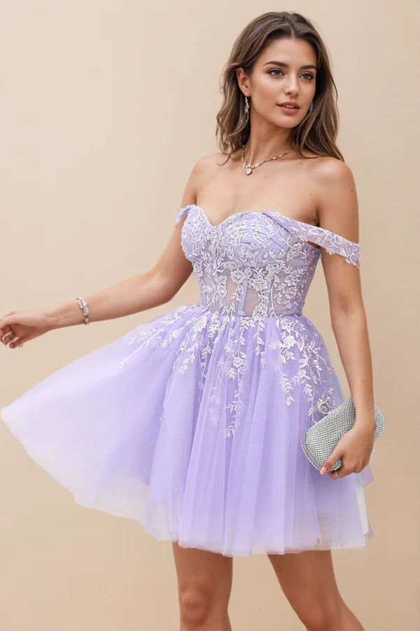 Corset Straps A-Line Lilac Homecoming Dress Short Prom Dress