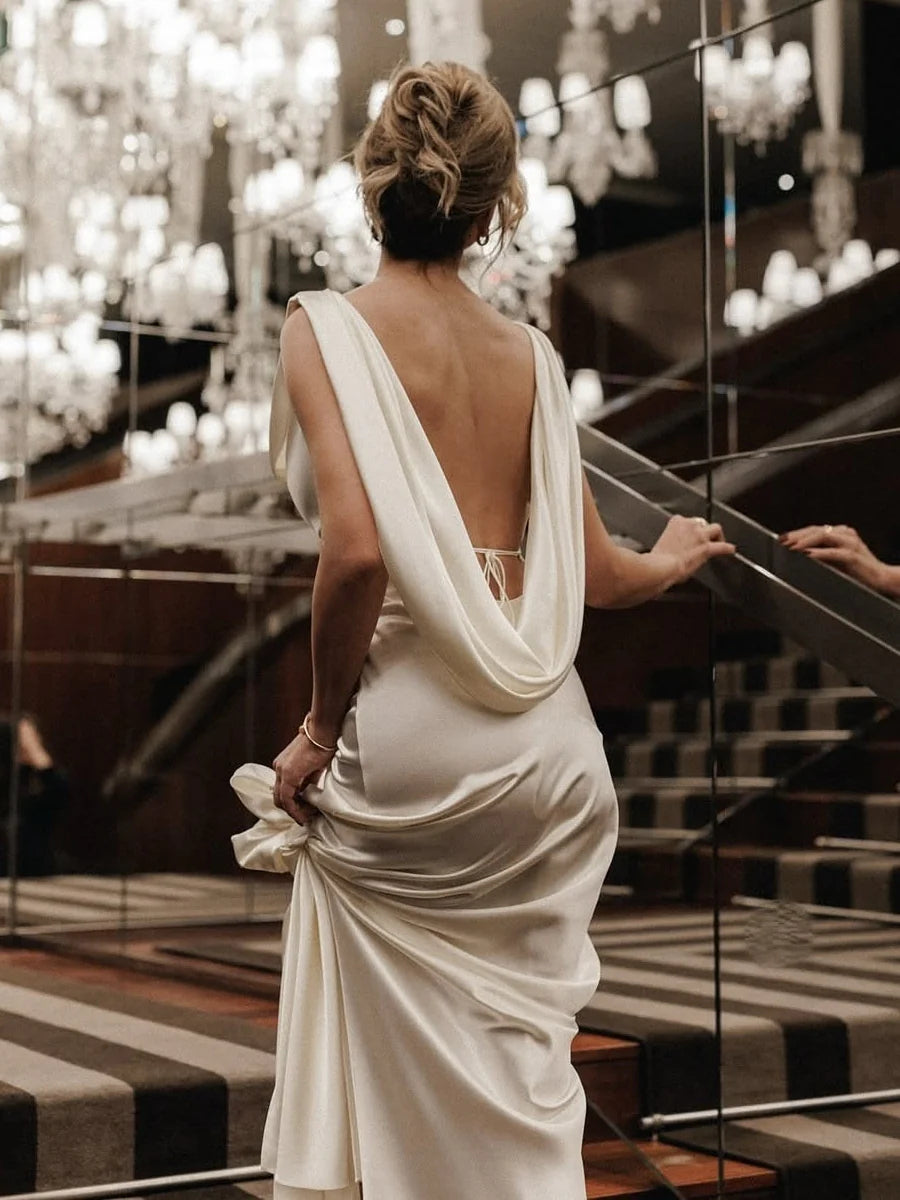 Cowl-Neck Satin Wedding Dress with Oversized Drape Back, High Thigh Slit & Slim-Fit Silhouette