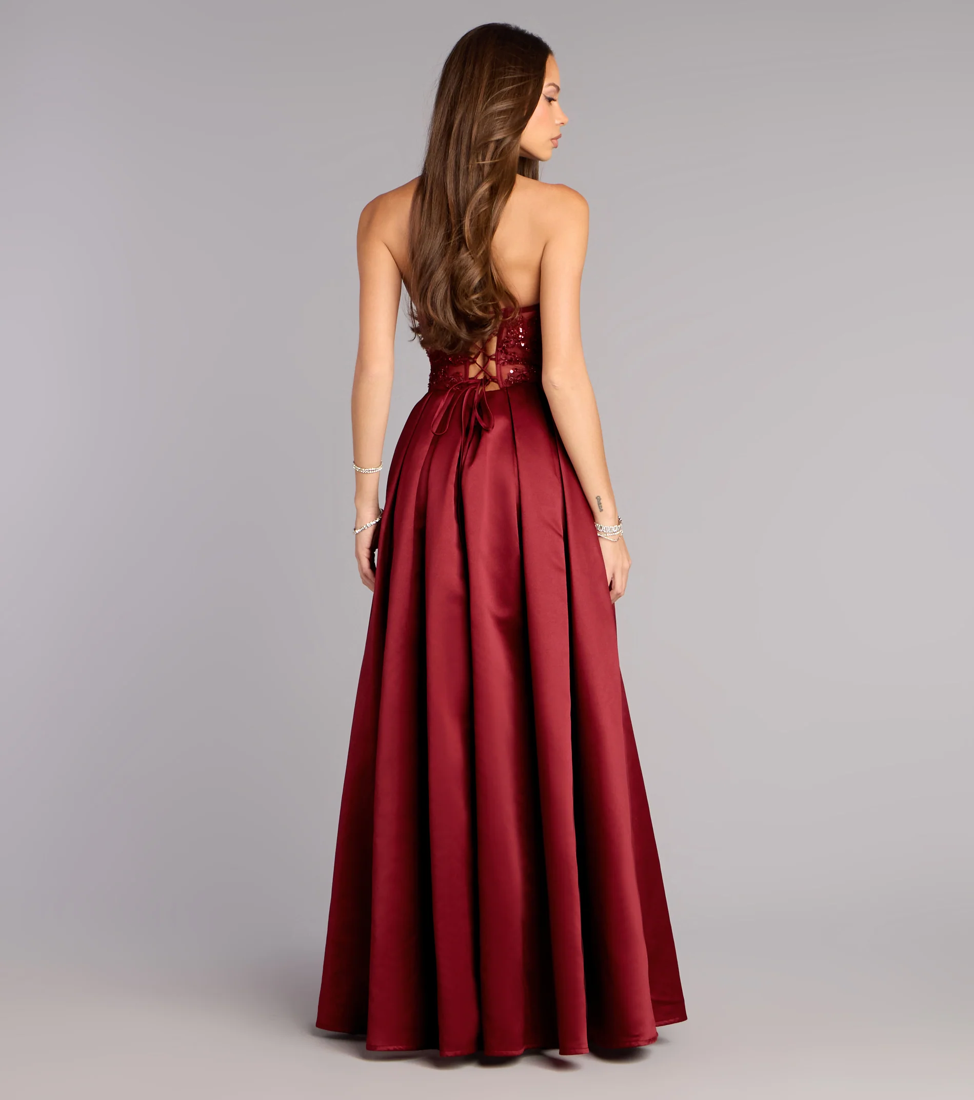 Glamorous Strapless Sequin Beaded Corset Mini Dress with Satin Overskirt Lace-Up Back Prom Dress