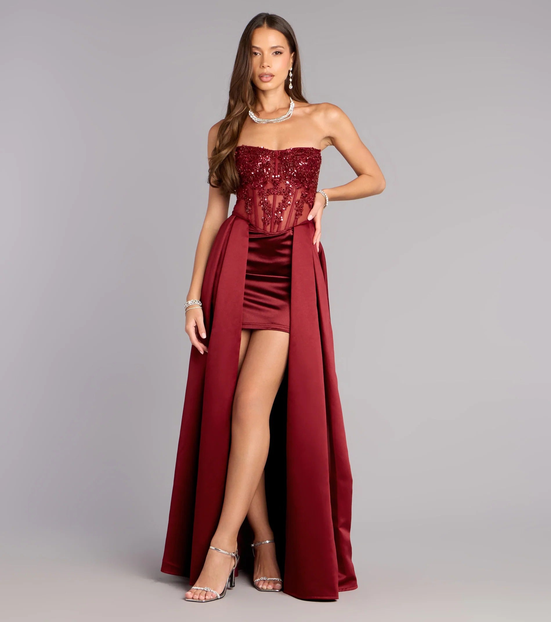 Glamorous Strapless Sequin Beaded Corset Mini Dress with Satin Overskirt Lace-Up Back Prom Dress