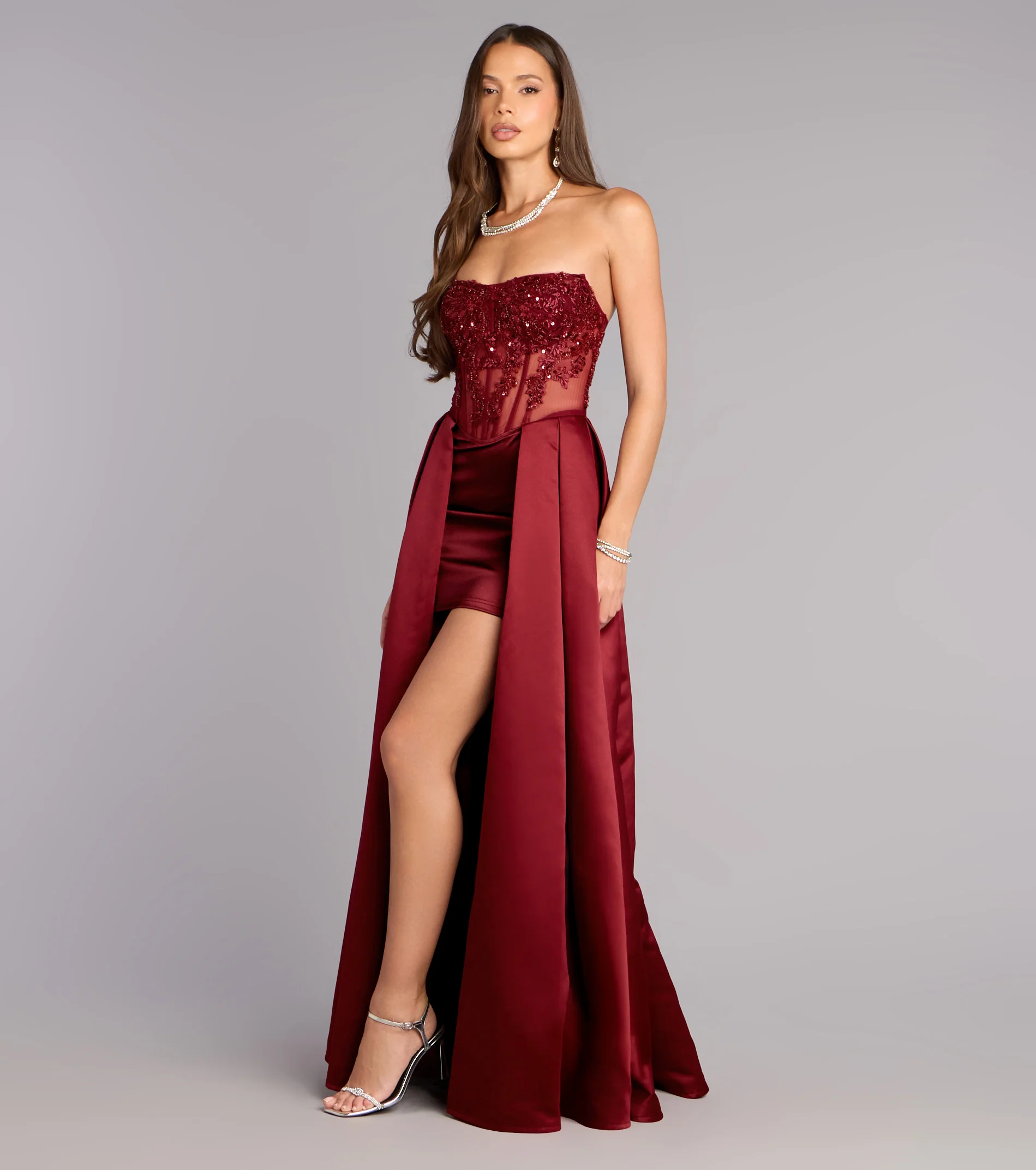 Glamorous Strapless Sequin Beaded Corset Mini Dress with Satin Overskirt Lace-Up Back Prom Dress