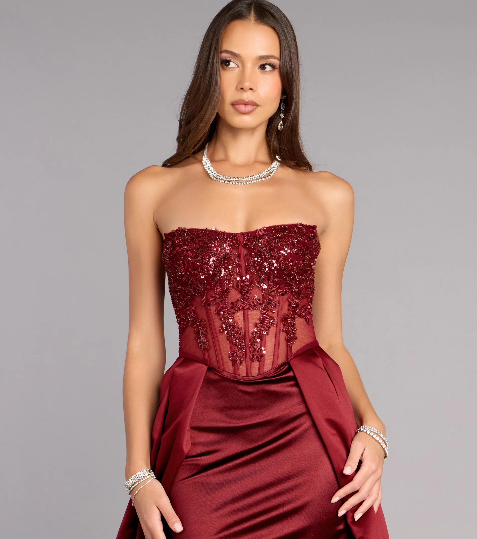 Glamorous Strapless Sequin Beaded Corset Mini Dress with Satin Overskirt Lace-Up Back Prom Dress