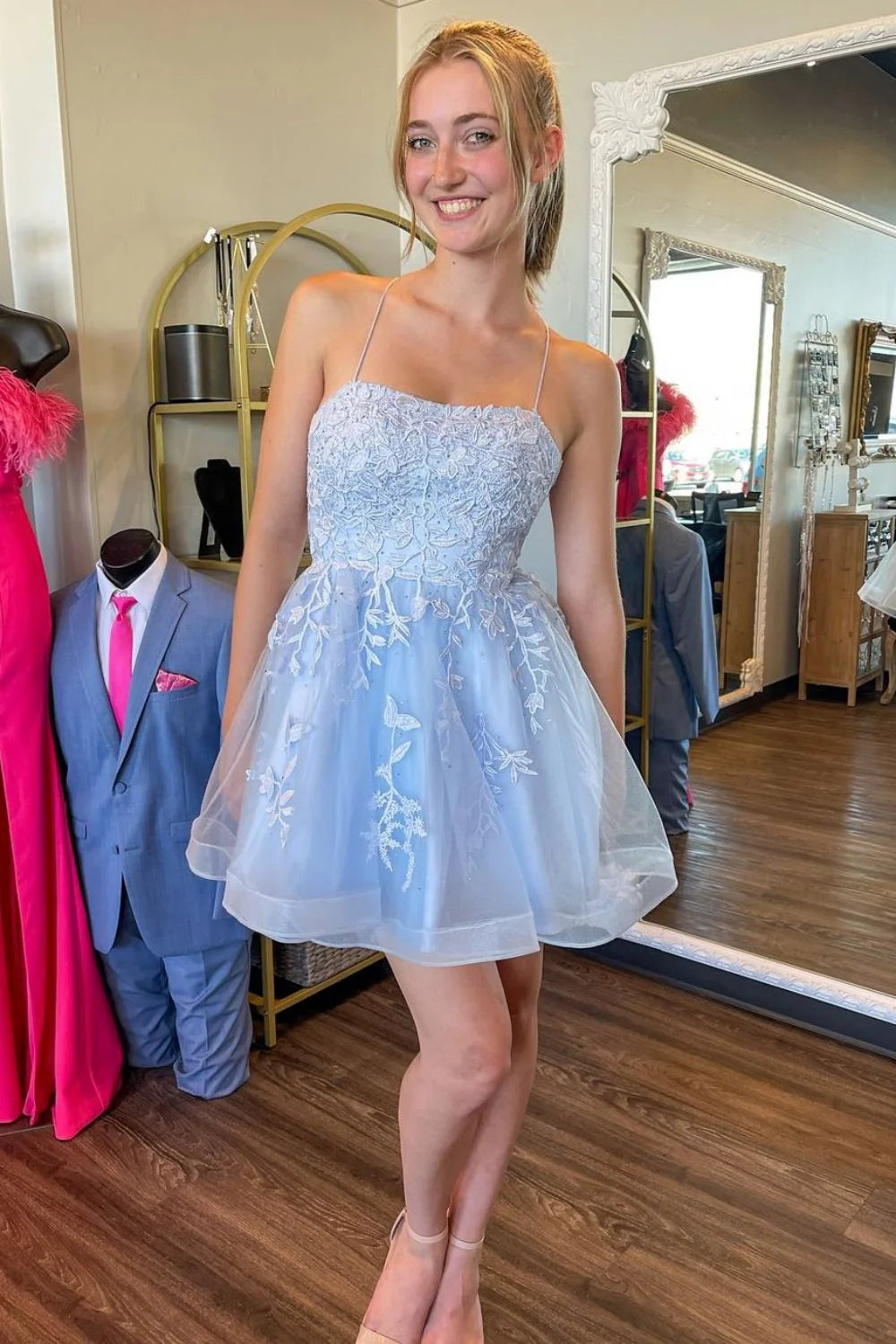 Cute A-Line Light Blue Spaghetti Straps Lace Up Tulle Homecoming Dress