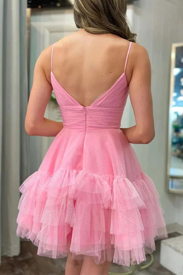 Cute A-Line Spaghetti Straps Pink Tulle Homecoming Party Dress