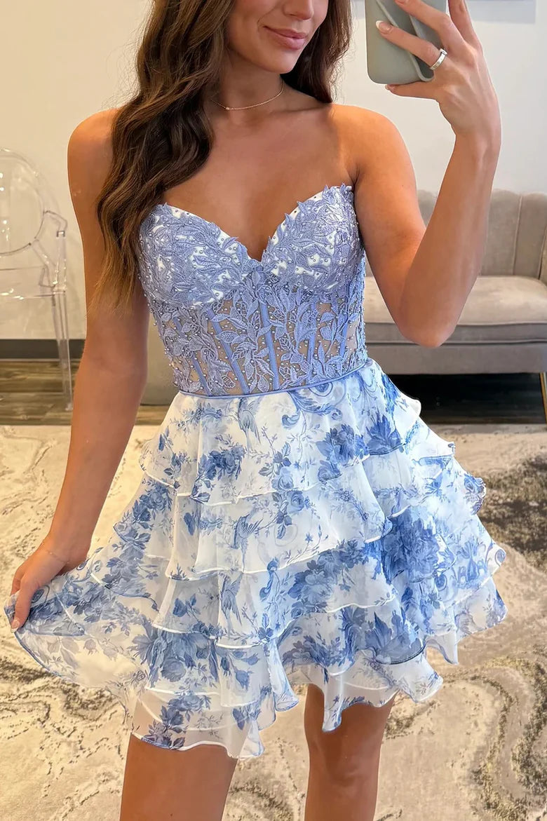 Cute A-Line Strapless Sweetheart Print Ruffles Short Homecoming Dress