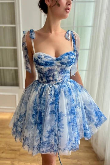Cute A-Line Straps Empire-Waist Printing Sleeveless Short Homecoming Dress