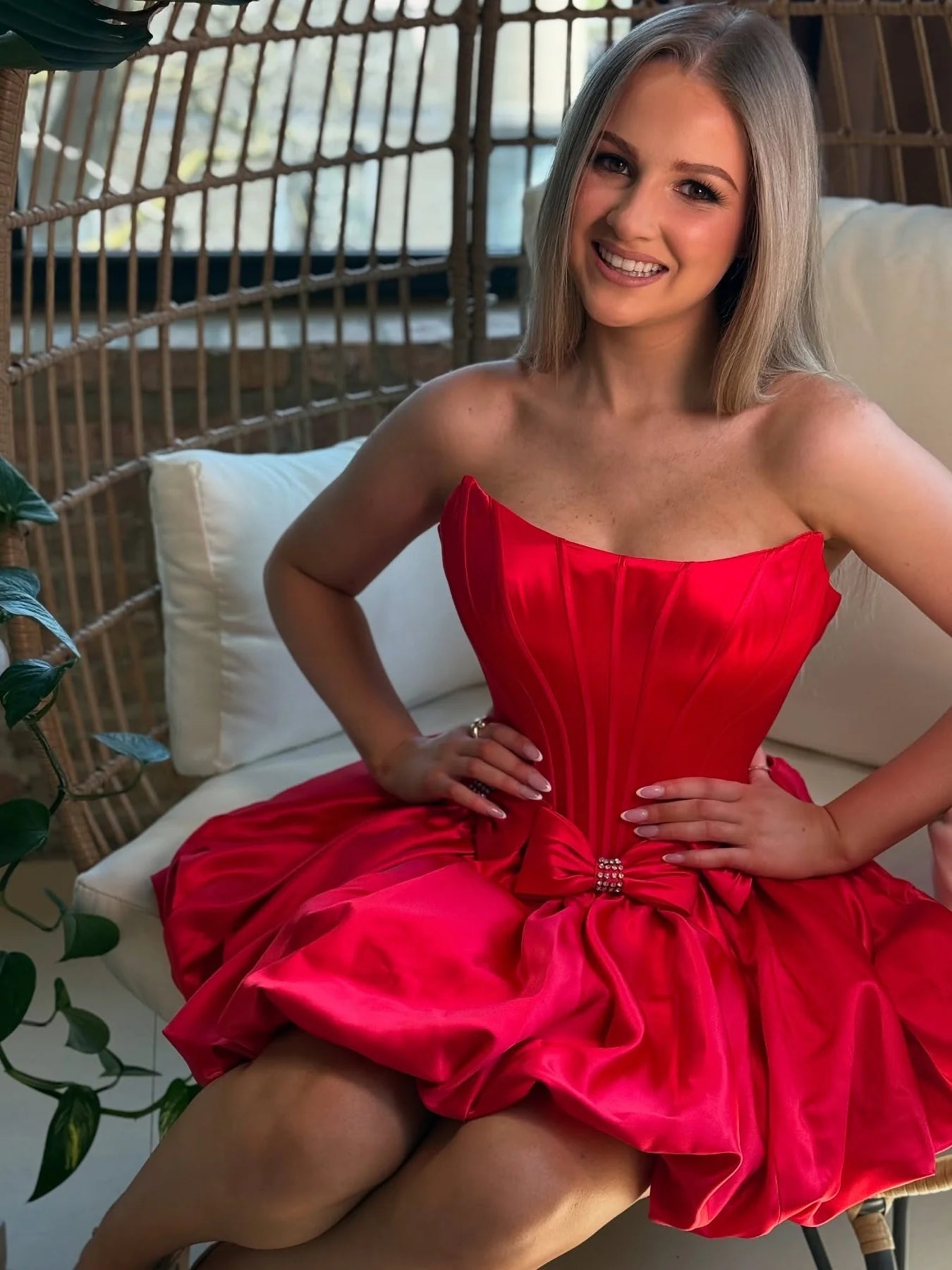 Cute A Line Strapless Red Corset Homecoming Dress with Bowknot