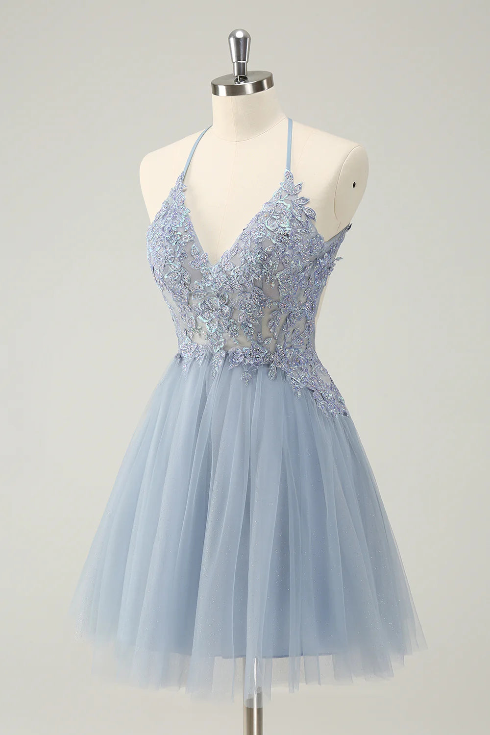Cute Dusty Blue A Line Spaghetti Straps Beaded Short Homecoming Dress with Appliques
