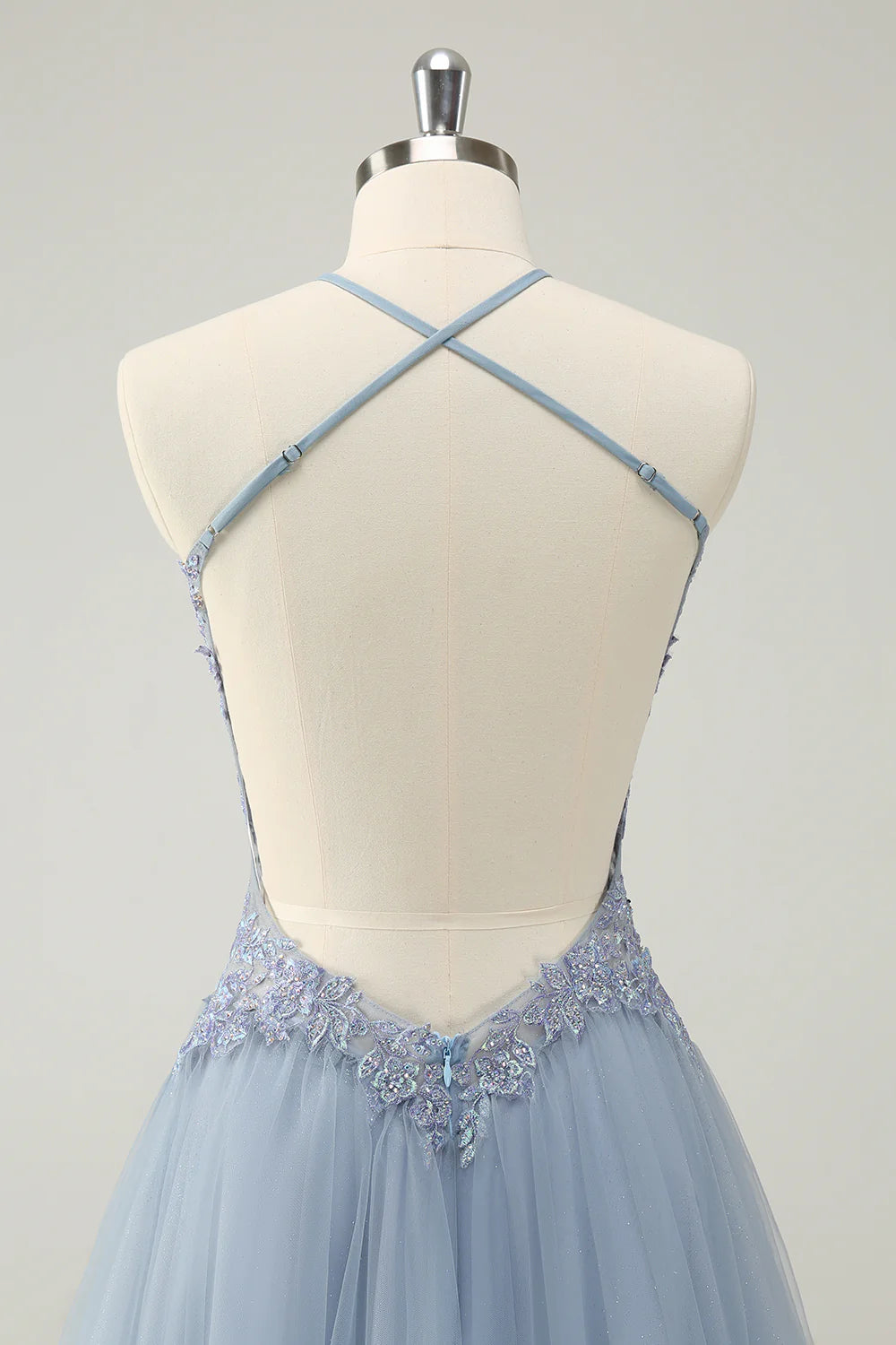 Cute Dusty Blue A Line Spaghetti Straps Beaded Short Homecoming Dress with Appliques