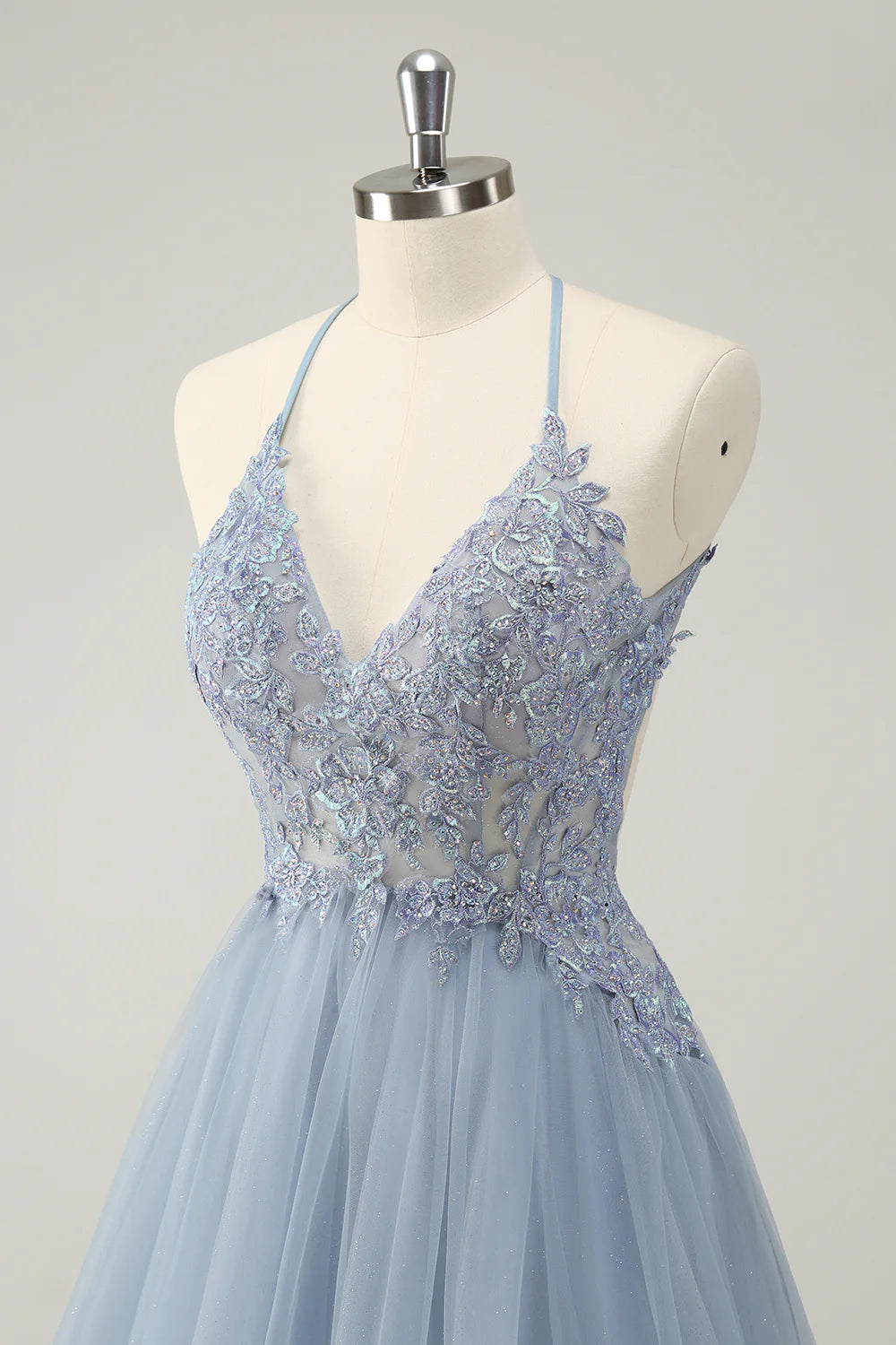 Cute Dusty Blue A Line Spaghetti Straps Beaded Short Homecoming Dress with Appliques