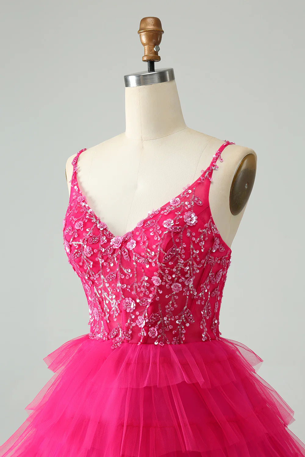 Cute Fuchsia A Line Spaghetti Straps Tiered Short Homecoming Dress with Sequins