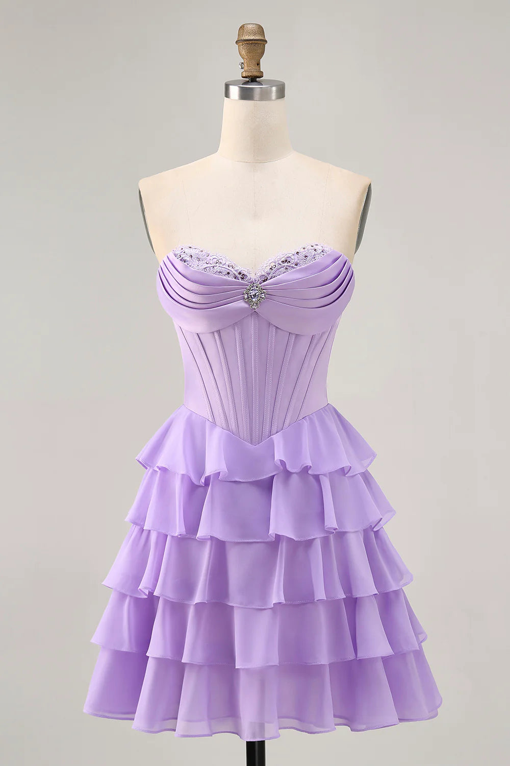 Cute Purple A-Line Tiered Strapless Corset Short Homecoming Dress