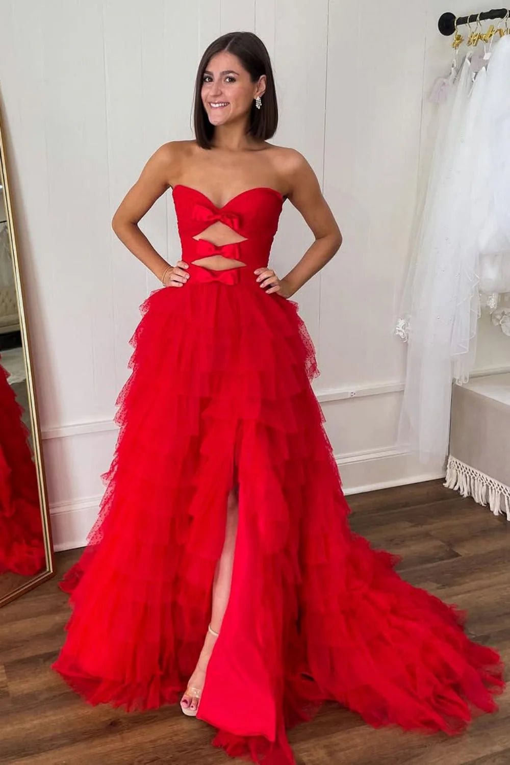 Cute Red A-Line Sweetheart Long Tulle Prom Dress with Bowknot Slit