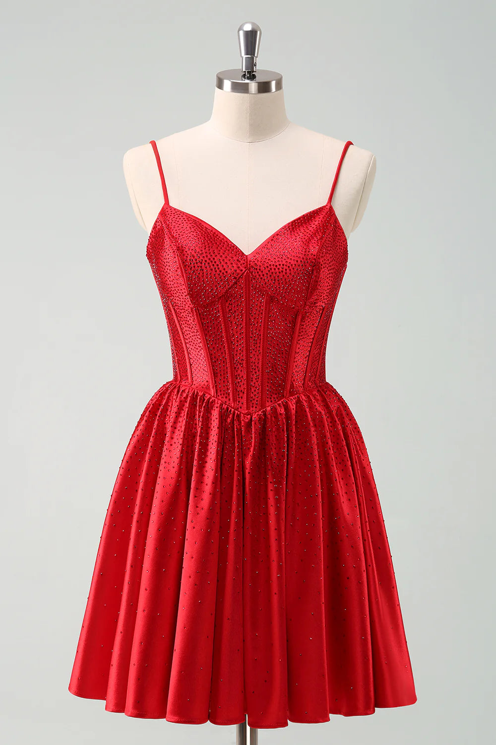 Cute Red A Line Spaghetti Straps Ruffle Corset Short Homecoming Dress with Beading