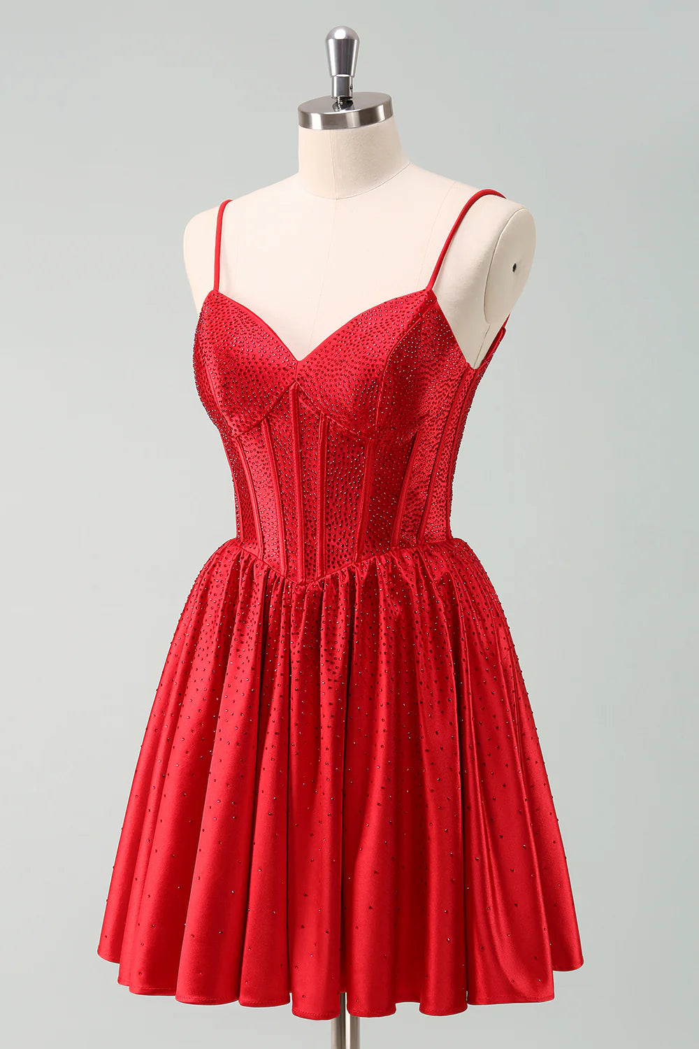 Cute Red A Line Spaghetti Straps Ruffle Corset Short Homecoming Dress with Beading