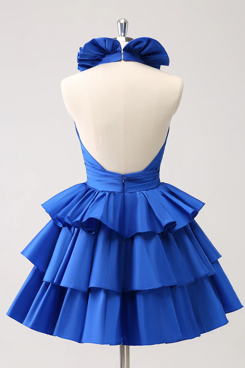 Cute Royal Blue A Line Halter Tiered Backless Homecoming Dress with Ruffles