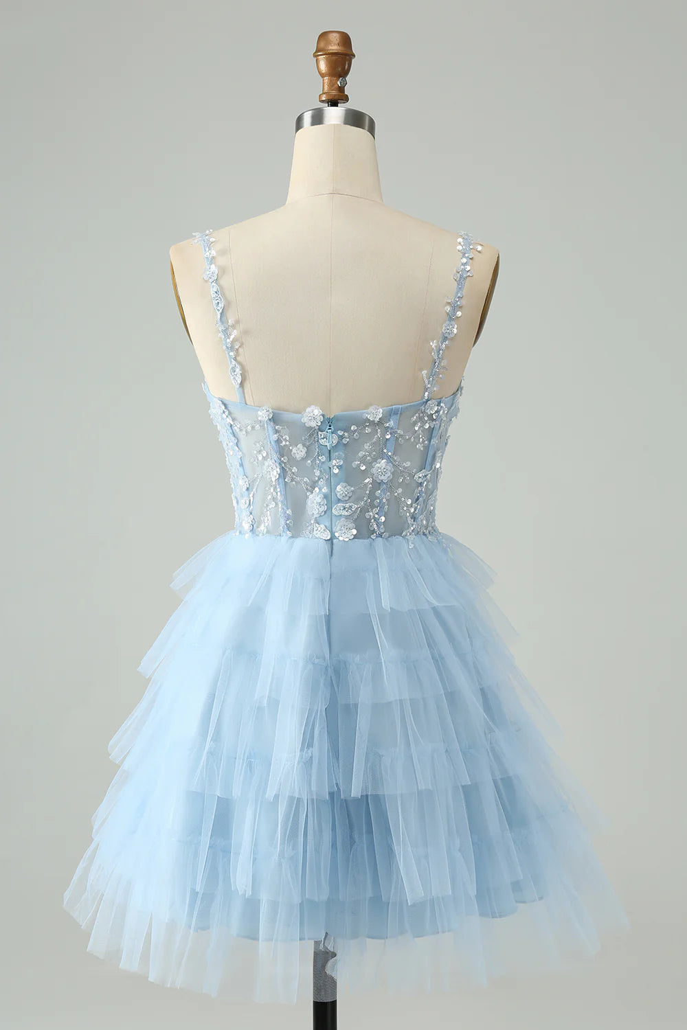 Cute Sky Blue A Line Spaghetti Straps Tiered Short Homecoming Dress with Sequins