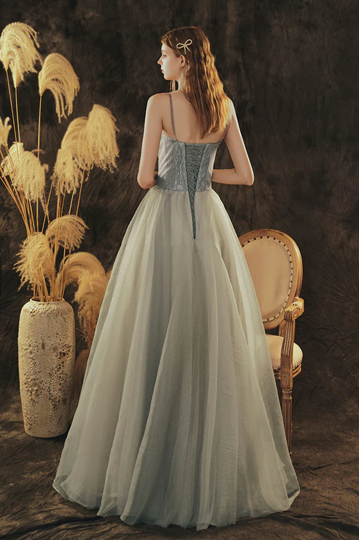 Cute Spaghetti Strap Tulle Long Formal Dress, A-Line Evening Party Dress