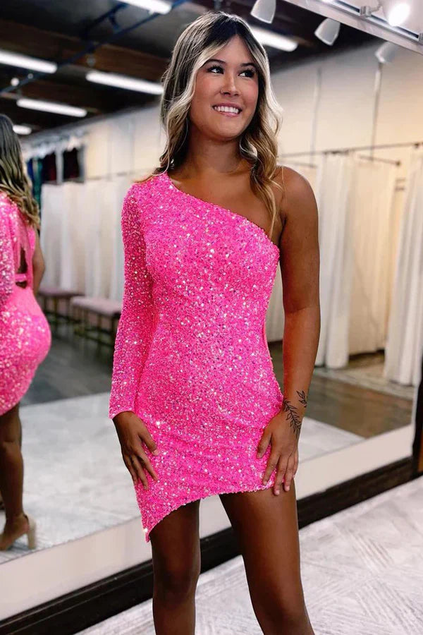 Cute Spakrly One Shoulder Sequins Pink Homecoming Dresses