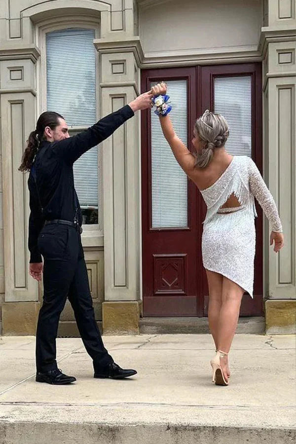 Cute Spakrly One Shoulder Sequins Pink Homecoming Dresses