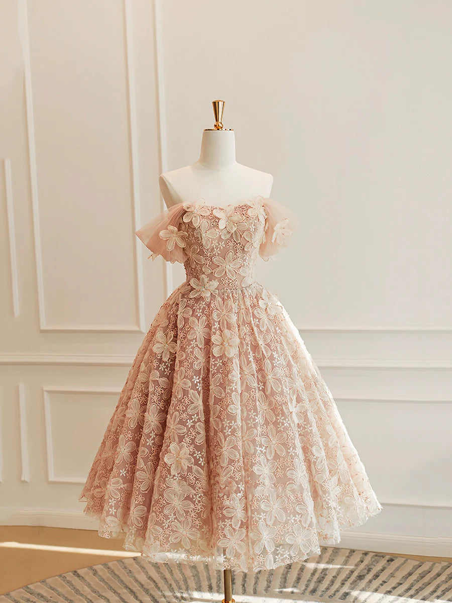 Cute Tulle Flower Short Prom Dress, Beautiful Off the Shoulder A-Line Evening Party Dress