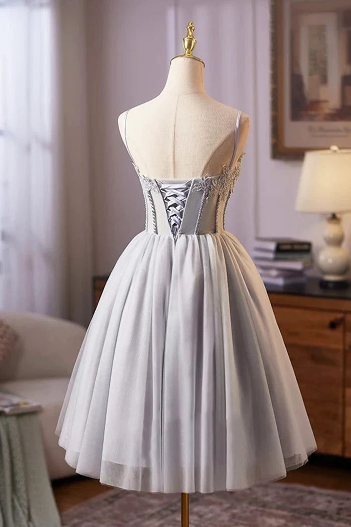 Cute Tulle Lace Short Prom Dress, Gray A-Line Homecoming Party Dress