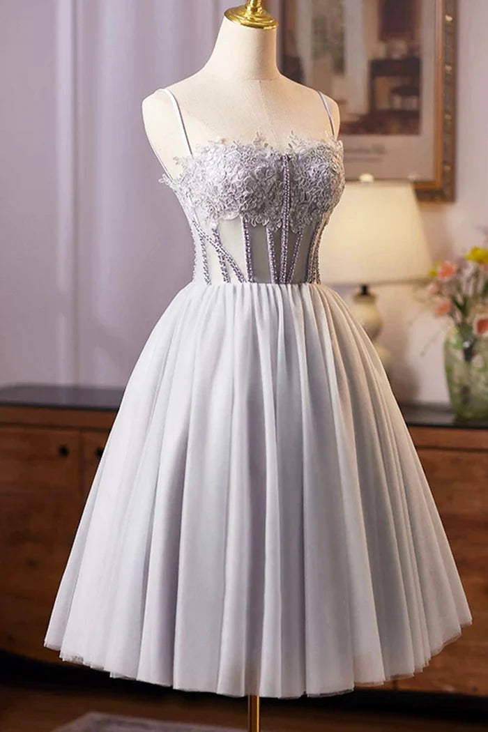 Cute Tulle Lace Short Prom Dress, Gray A-Line Homecoming Party Dress